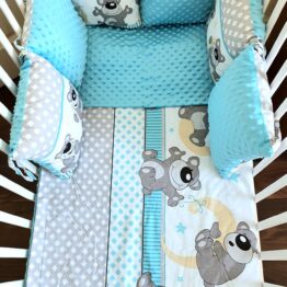 Minky & Cotton bedding set with pillow bumpers- turquoise moon teddies