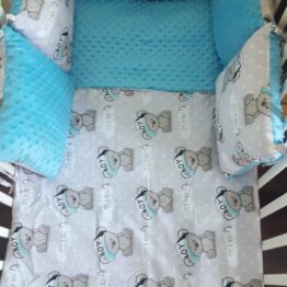 Minky & Cotton bedding set with pillow bumpers- turquoise teddy boy