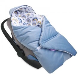 Cosy car seat blanket- velvet rainbow/blue jeans